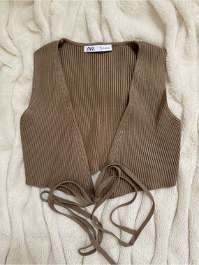 Zara ribbed deep v-neck wrap top brown Sz S